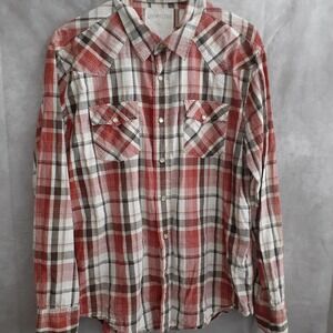 Aeropostale Men's Medium Long Sleeve Button Up‎ Red Tan Flannel Style Plaid